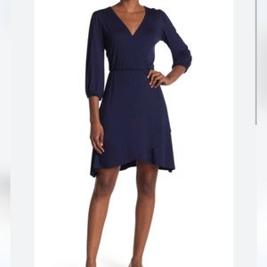 Loveappella Navy Blue 3/4-Sleeve Faux Wrap Dress, NWOT, M